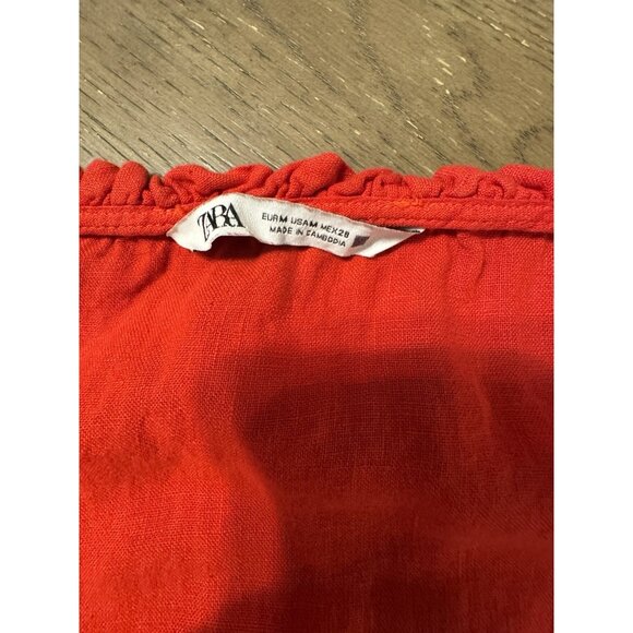 Zara Linen Red Mini Linen Puff Sleeve Dress Medium Button Stretch Waist Party - Picture 7 of 12